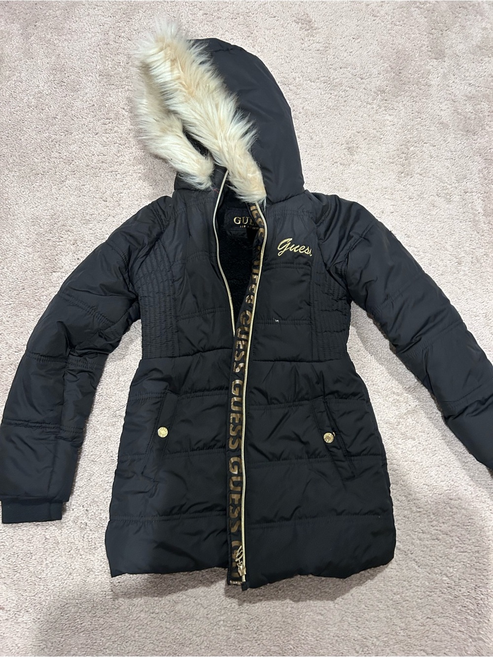 Guess Youth Black Quilted Hooded Puffer Coat with Faux Fur Trim